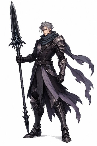 Tolong buatkan gambar karakter full body dengan art style HD-2D Pixel Art:

Aku ingin layout gambar ini berbentuk portrait dan menggunakan background putih.

Detail karakter: Ini adalah karakter pria manusia dewasa (usia 29 tahun) dengan rambut berwarna ash grey/abu-abu (model messy slicked back dengan beberapa helai rambut jatuh ke depan bagian samping). Memiliki warna kulit yang cerah.

Karakter ini berprofesi sebagai Black Frost Requiem, yaitu pendekar tombak berelemen dark and ice. Bersenjatakan sebuah tombak pedang berwarna hitam, yaitu Divine Spear of Black Winter. Tombak ini memiliki bilah pedang yang panjang, lurus, dan lebar pada bagian atas tombak, seperti senjata milik Chris dari serial manhwa Becoming the Monarch.

Aku ingin karakter ini model pakaiannya seperti petarung yang badass, menggunakan half armor yang keren dan badass. Tidak pakai jubah. Tidak pakai sayap. Namun, aku ingin karakter ini menggunakan syal/kain yang menjuntai/berkibar pada bagian belakang tubuhnya. TIDAK PAKAI BANYAK ASESORIS. TIDAK PAKAI BANYAK HIASAN. Outfit karakter ini bernuansa warna abu-abu dan hitam.