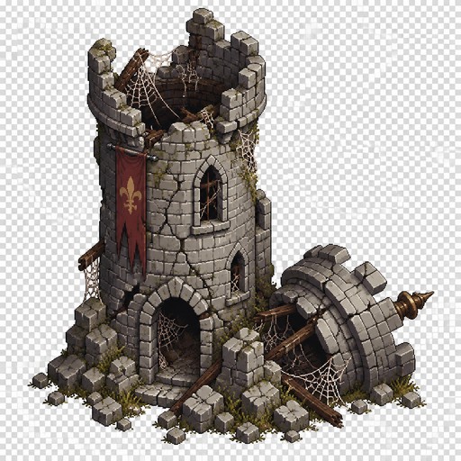 in isometric style: Can you generate me a fantasy style medieval 64x64 pixeled destroyed tower with the top on the ground front view on a completely transparent background. I want the tower to be cracked stone all around and have spider webs all over it.