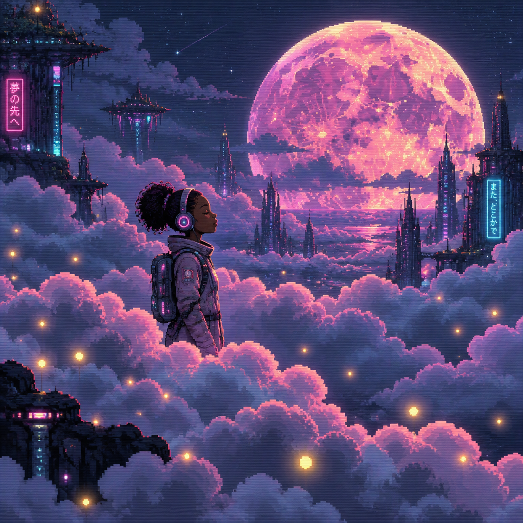 Profile of Young dark skin astronaut girl with headphones and eyes closed standing surrounded by a Lot of puffy clouds. Seen from a distance. A large moon rises in the background. Fireflies are scattered in the scene
