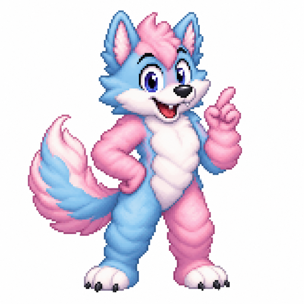 Cartoon cotton candy wolf, full body, white background
