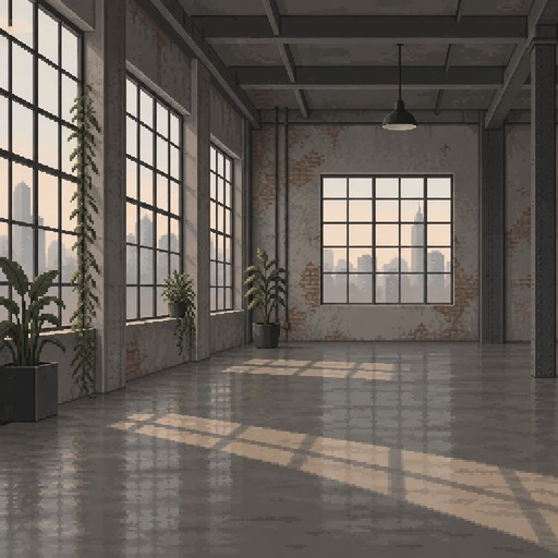 Generate a minimal rundown industrial loft interior. There are large multi-pane windows. Its empty besides some plants around the windows. Aim for 320×240 resolution. Use a grey/warm palette.