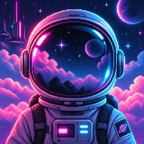 Close-up of faceless child astronaut with a large bubble helmet in front of clouds and stars.