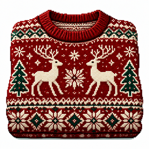 High contrast image on a white background of a folded Christmas sweater, displaying an intricate reindeer, knit pattern
