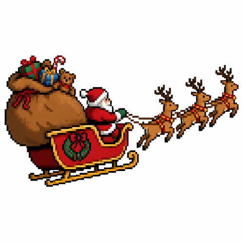 Santa flying away in his sleigh with his giant toy sack. White background 