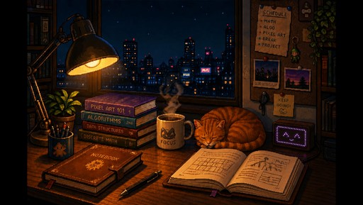 Cozy pixel art study with open books, desk lamp, coffee, and nighttime city view