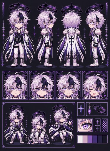 Purple pixel art character sheet with four full-body figures, portraits, poses, and color swatches