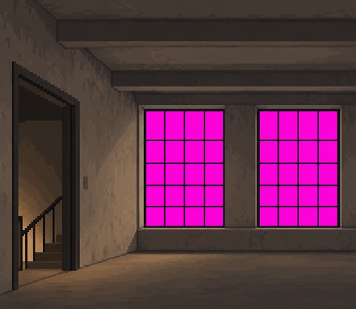 Pixel art room with two bright pink windows and an open doorway.