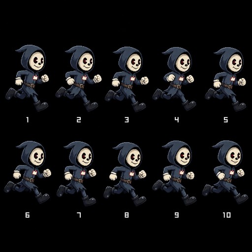 Pixel art grid of ten running people in dark outfits on a black background.