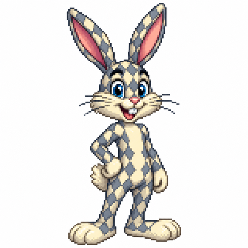Cartoon rabbit with diamond patterned fur, full body, white background
