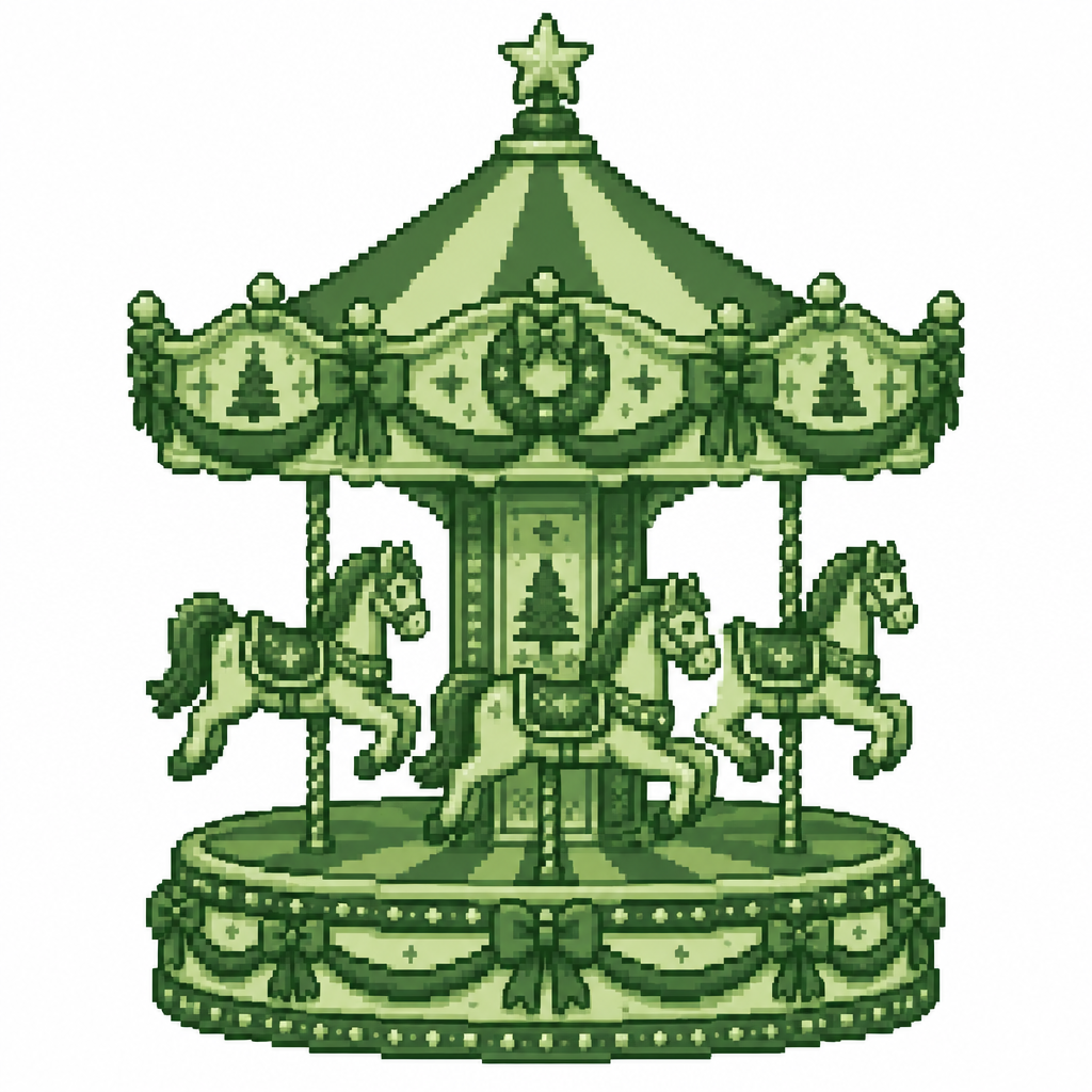 A miniature Christmas carousel with carved horses and a detailed festive canopy. White background