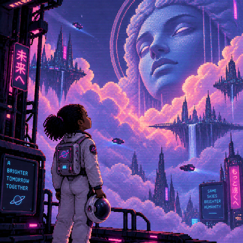A young girl astronaut with dark skin looks up at a floating head statue high in the clouds