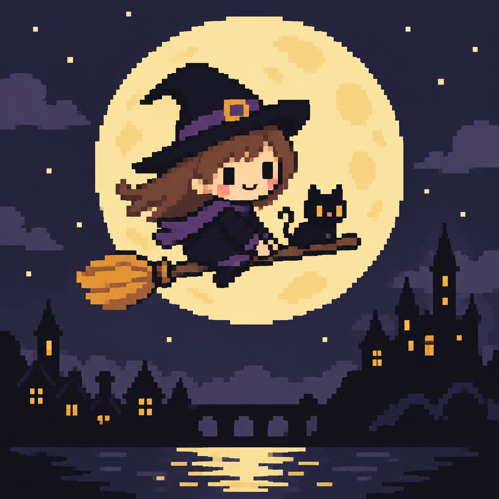 Cute kawaii witch flying across a full moon