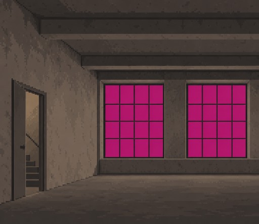 Pixel art of a dim concrete room with two bright pink grid windows and an open door