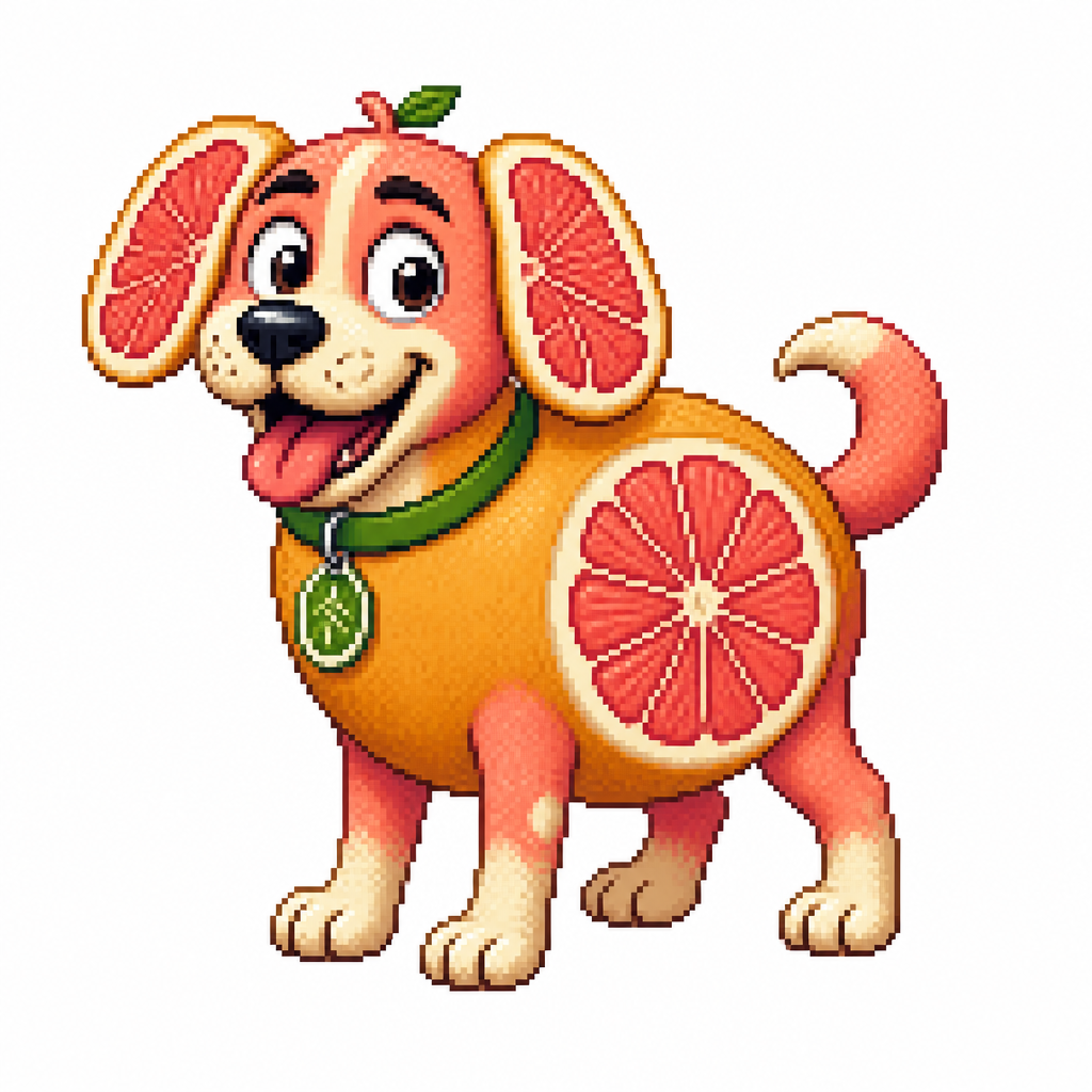 Cartoon grapefruit dog, full body, white background