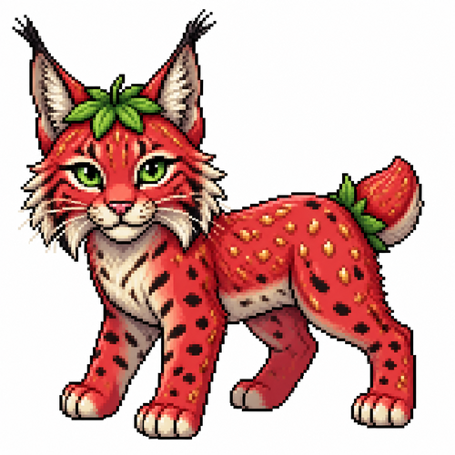 Cartoon strawberry bobcat (quadruped), full body, white background