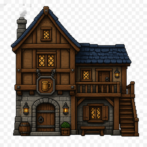 Can you generate me a fantasy style medieval 64x64 pixeled double wide and tall tavern front view on a completely transparent background. I want the tavern to be taller on the left than the right. I want the tavern to be wooden with stone lower veneer. I want the right side of the tavern to have a balcony with a door inside and stairs running down the right side. .