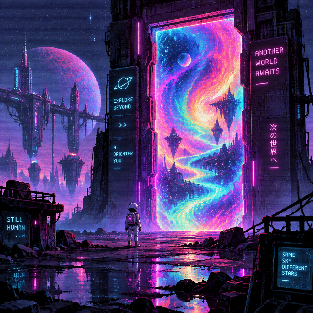 A young girl astronaut seen ftom a fistance stand in front of a colorful portal to another dimension