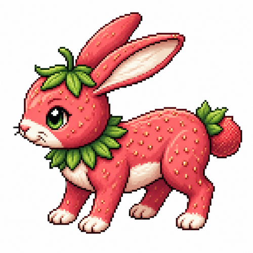 Cartoon strawberry rabbit (quadruped), full body, white background