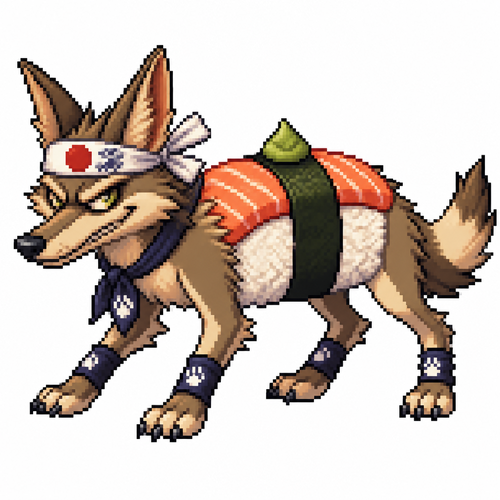 Cartoon sushi coyote (quadruped), full body, white background
