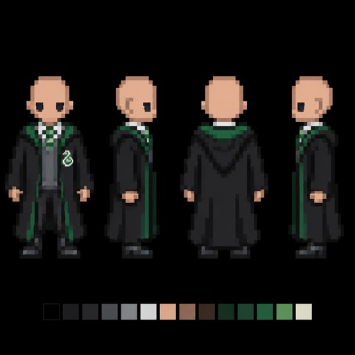 Make a base sprite for my game. I need a front back and side, I also need them in a slytherin student cloak from Harry Potter. No hood up. No hair.