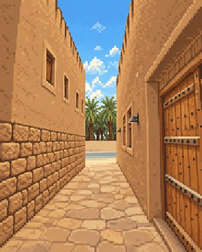 Pixel art of a stone-paved alley between tan buildings with palm trees in the distance