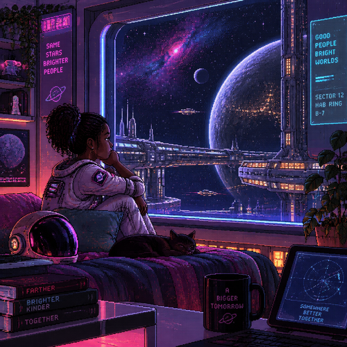 A young girl astronaut with dark skin watches the stars from a beautiful apartment on a space station