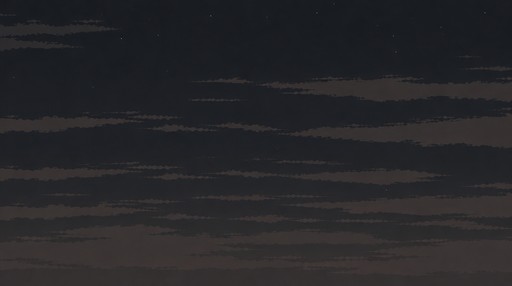 Dark pixel-art sky with layered gray clouds and subtle reddish horizon tones