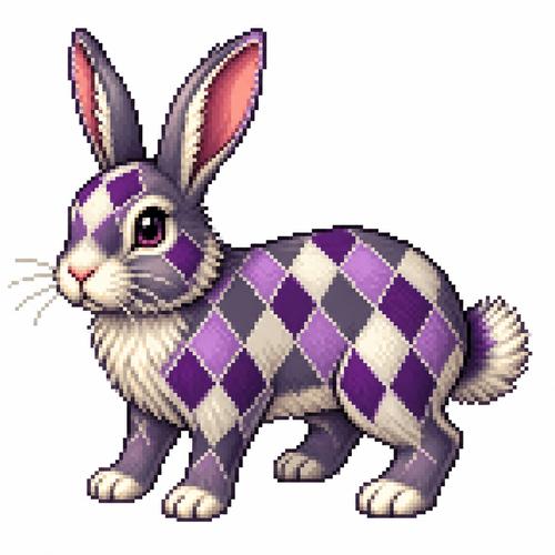 Cartoon rabbit with diamond patterned fur (quadruped), full body, white background