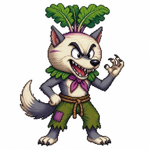 Cartoon turnip wolf, full body, white background