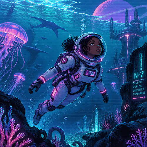 A young girl astronaut with dark skin floats in the ocean of a watery alien world