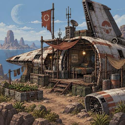 shelter building made of recycled scrap from crashed ship parts.