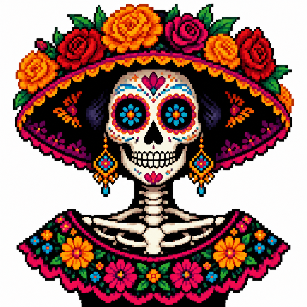 High contrast colorful skeleton Catrina of dia de Los muertos on a white background