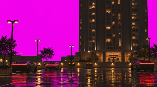 Pixel art city plaza at night with a lit tower and magenta sky, reflected in wet pavement.