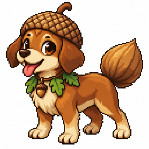 Cartoon acorn dog (quadruped), full body, white background