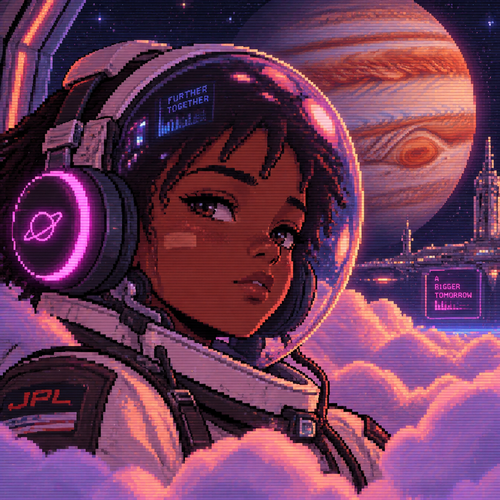 Make a close up image of a young teen astronaut with brown skin and headphones surrounded by clouds with jupiter in the background 