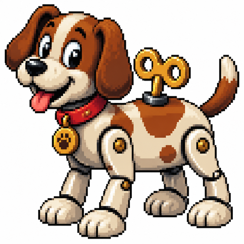 Cartoon wind-up dog, full body, white background