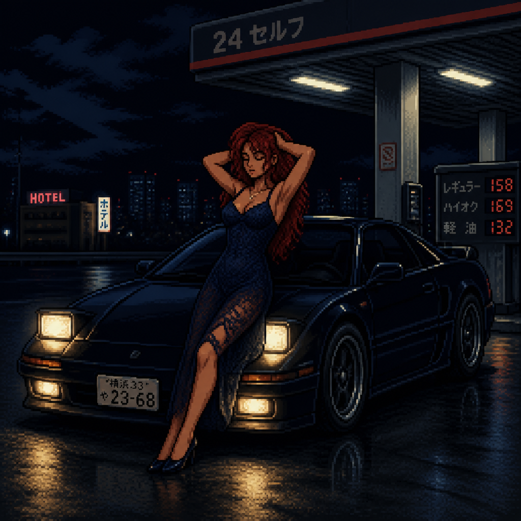 nighttime gas station scene, dark sports car parked under dim lighting, woman with long red hair leaning back against the hood, arms raised running her hands through her hair, wearing a fitted lace dress in deep navy blue, dramatic headlight glow illuminating her silhouette, cool dark tones with warm highlights from the car's lights, moody nighttime atmosphere, 16-bit pixel art, dithered shading, limited color palette, hard pixel edges, retro game aesthetic, cinematic framing
