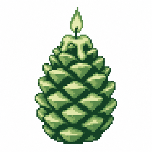 White background. A sculpted pinecone-shaped candle with layered wax scales.