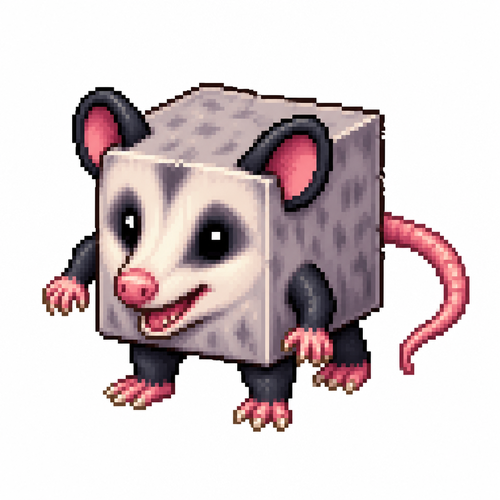 Cartoon cube opossum, full body, white background