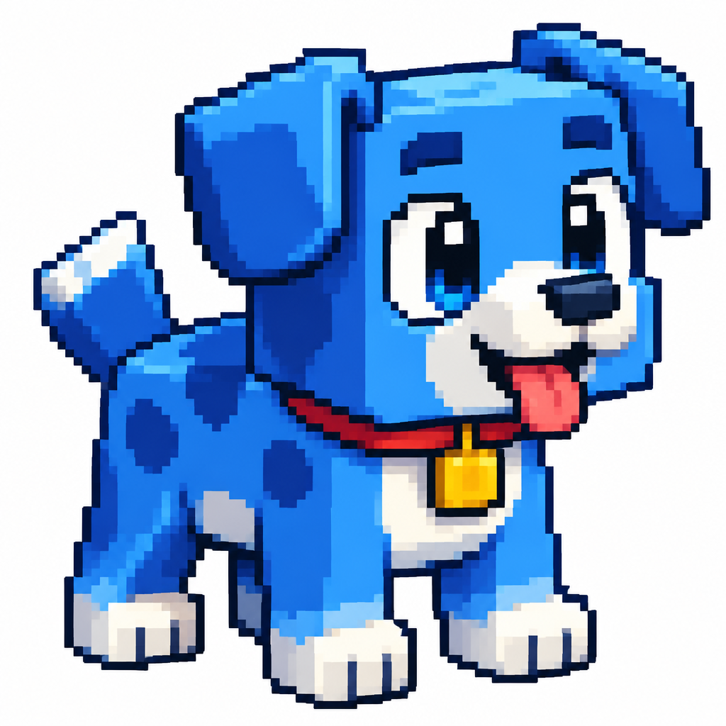 Blue cartoon cube dog, full body, white background
