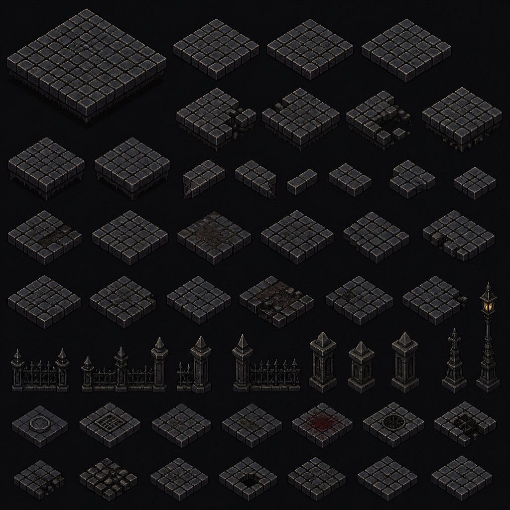 Create a Gothic Victorian Horror Cobble Stone floor tileset. Multiple stones, depth, some broken.