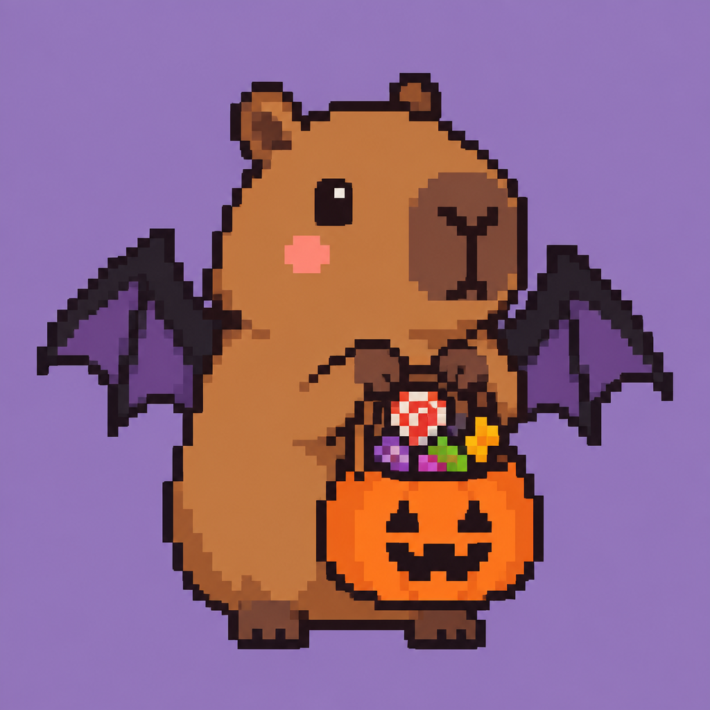 Cute kawaii capybara in bat wings holding a trick or tray bag filled with candy. Plain background