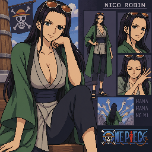 Nico robin  de one piece con la ropa de tsunade senju del anime deNaruto 