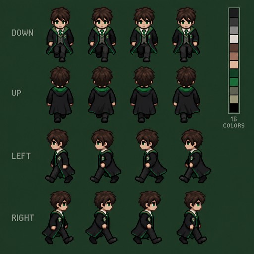 Make a base sprite for my game. I need them walking in all 4 directions, I also need them in a slytherin student cloak from Harry Potter. No hood up.