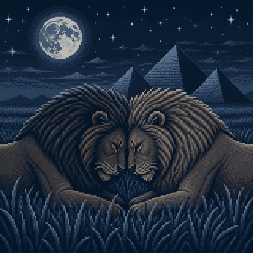 two lions facing each other lying in tall grass, heads lowered and touching, forming a mirrored heart-like shape with their manes, deep moonlit blue-grey night tones, pyramids in the background distance , stylized angular fur texture, star-like light flecks scattered across the dark background, tranquil intimate atmosphere, 16-bit pixel art, dithered shading, limited color palette, hard pixel edges, retro game aesthetic, cinematic framing