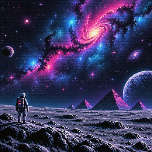 Seen from a great distance, an astronaut on the moon looks up at stars and nebulas in the sky above. Pyramids are seen in the distance on the moon