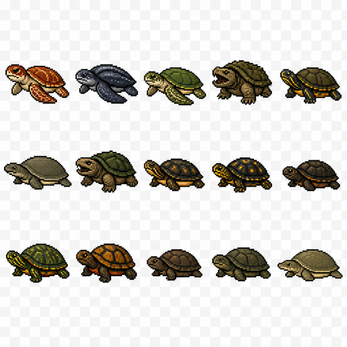 Create a 2D pixel art sprite sheet featuring 15 individual icons each exactly 32x32  pixels, arranged 5 horizontally and 3 vertically spaced evenly. Style: classic fantasy RPG, inspired by 16bit games, with crisp pixel art, clean outlines, subtle shading, and a cohesive color palette. Use a transparent background. Each Icon  should be centered within its 32x32 canvas and remain highly readable at small sizes. 




The 15 icons are: 




1: Loggerhead Sea Turtle
2: Leatherback Sea Turtle
3: Green Sea Turtle
4: Alligator Snapping Turtle
5: Central American River Turtle
6: Yangtze Giant Softshell Turtle
7: Common Snapping Turtle
8: Arrau River Turtle
9: Spotted Turtle
10: Bog Turtle
11: Map Turtle
12: Wood Turtle
13: Musk Turtle
14: Mud Turtle
15: Asian Giant Softshell Turtle




Requirements: 
	•	Each icon must be exactly 32x32 pixels.
  • All based off of real life variants.
   • All facing sideways so you see the side of their bodies.
	•	Output as a sprite sheet with each icon occupying its own 32x32 cell** DO NOT GO OUT PAST THESE PARAMETERs**
	•	Transparent background.
	•	No text, labels, borders, or UI elements.
	•	Consistent Fantasy RPG Aesthetic across all icons.
	•	High contrast and excellent readability for use in a game interface.
	•	Clean polished pixel art with enough detail for low resolution sprites.
	•	Avoid anti-aliasing, blurring, or painterly effects; preserve a true pixel art appearance.