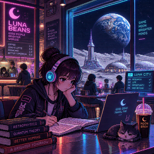 A young girl with headphones studies in a futuristic cafe on a moon