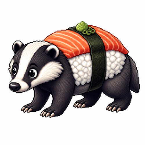 Cartoon sushi badger (quadruped), full body, white background