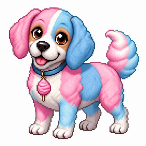 Cartoon cotton candy beagle, full body, white background